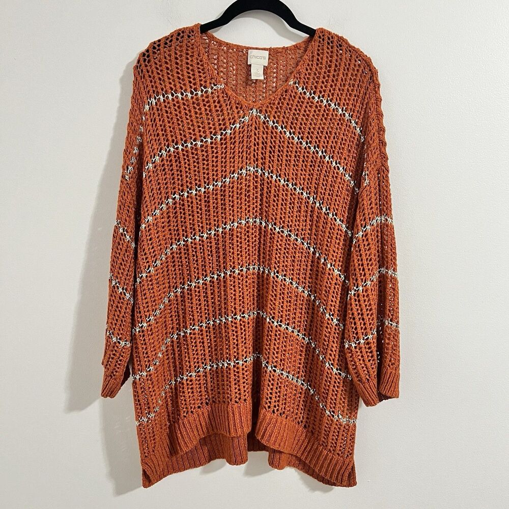 Chico's Open Crochet Pullover Sweater Size 3 / US XL Orange Silver Knit Beach